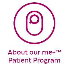 Pink ostomy bag icon with the words 'About our me+™ Patient Program' below it.