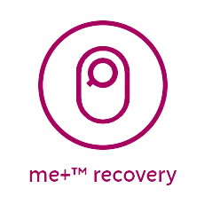 Pink ostomy bag icon with the words 'me+™ recovery' below it.